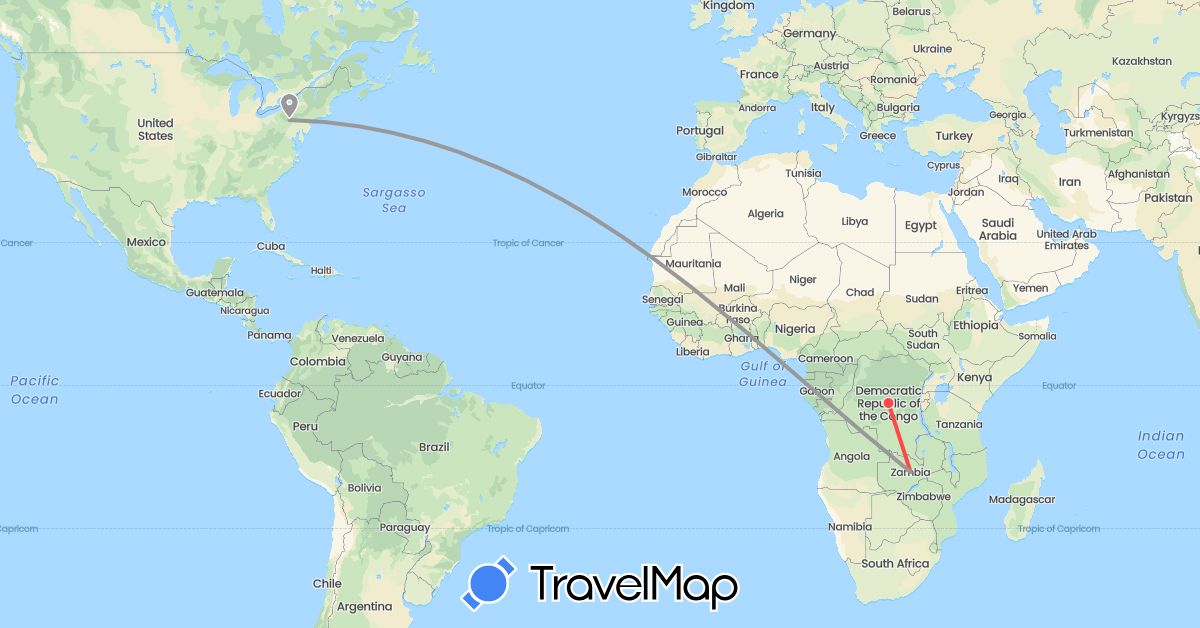 TravelMap itinerary: driving, plane, hiking in Democratic Republic of the Congo, United States, Zambia (Africa, North America)